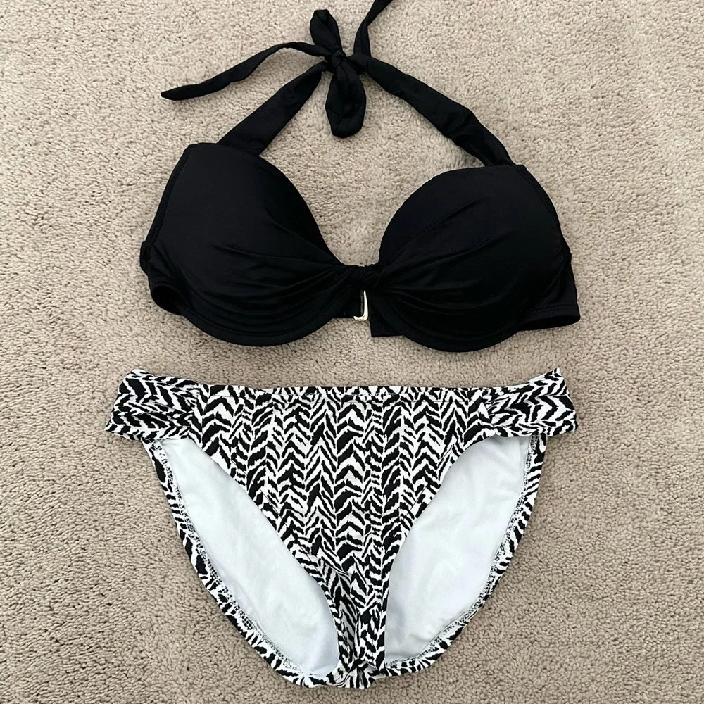 Animal Print Black & White Two Piece Bikini-Underwire Halter Top Hipster Bottoms